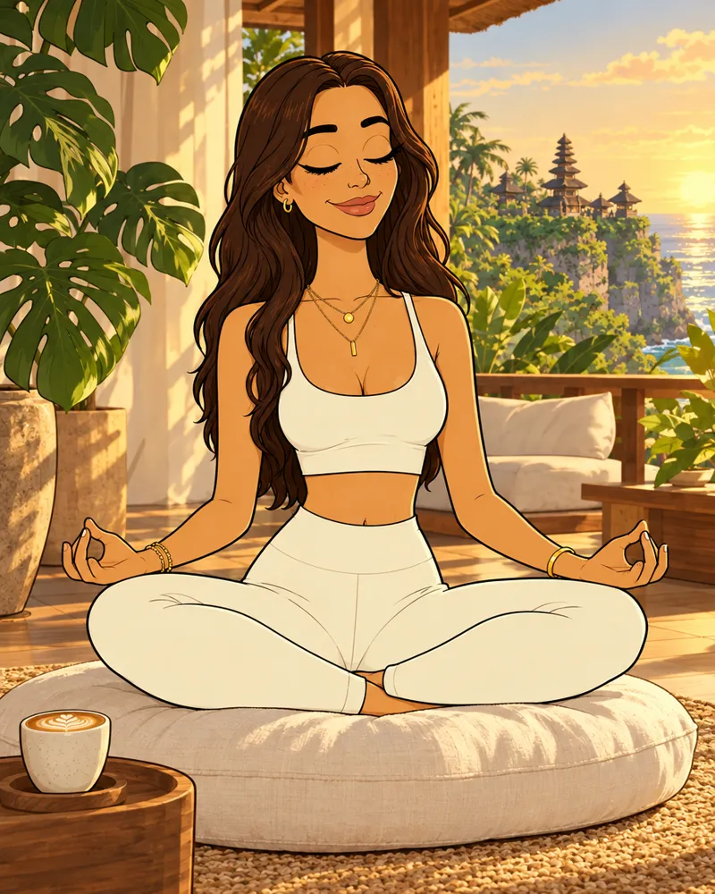 Phoebe meditating in a sunlit villa, next to a perfect latte